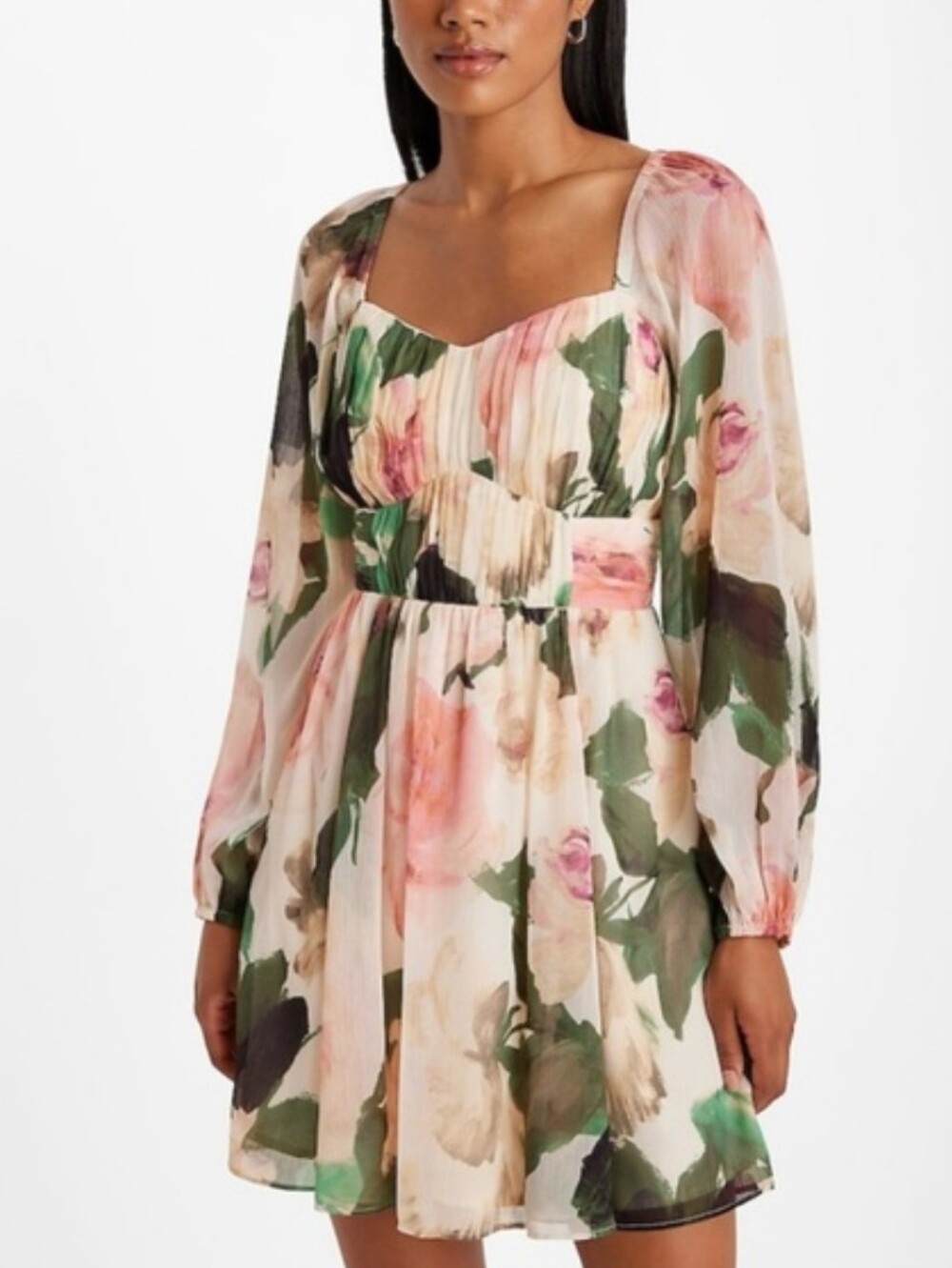 Express Floral Long Sleeve Mini Dress in Pink and Green